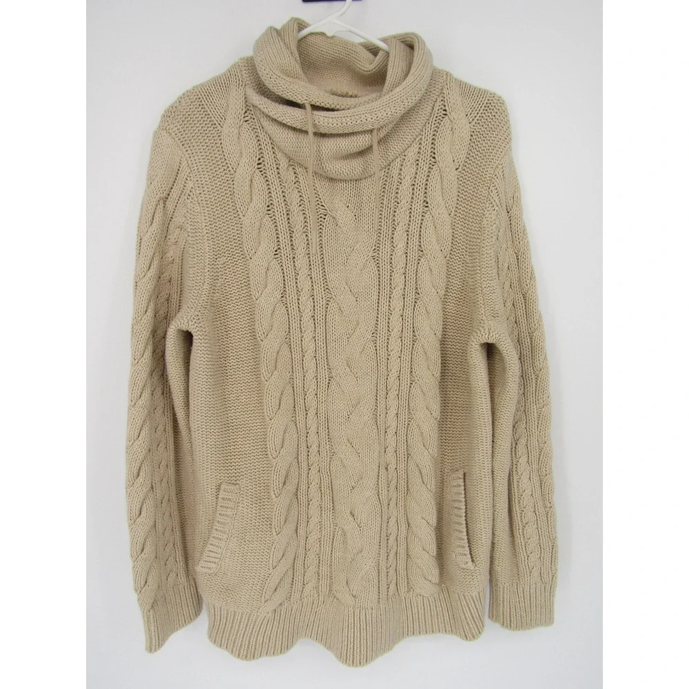 LL Bean Cable Knit Sweater XL Beige Cowl Neck Cabin Gorpcore Preppy Classy Cozy